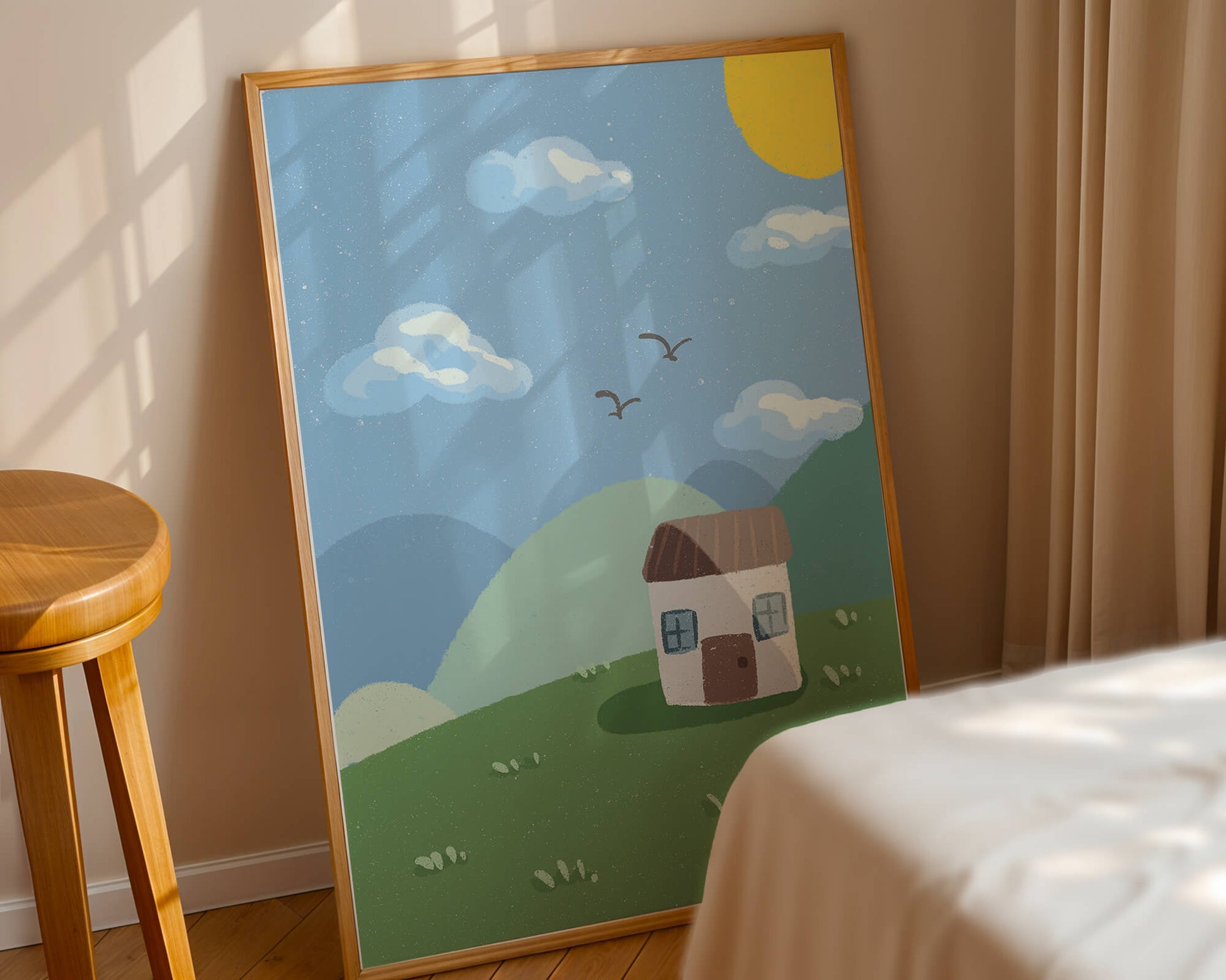 Illustration of a small house on a sunny hillside with clouds in a blue sky
