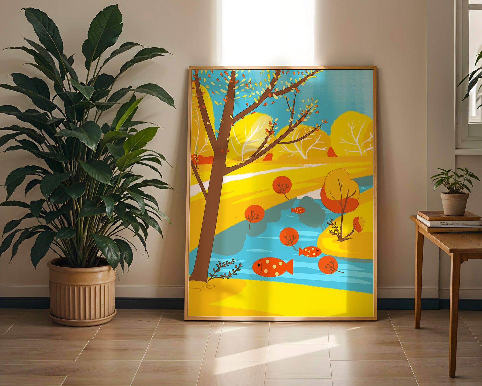 Paysage d'automne coloré avec rivière et arbres vibrants