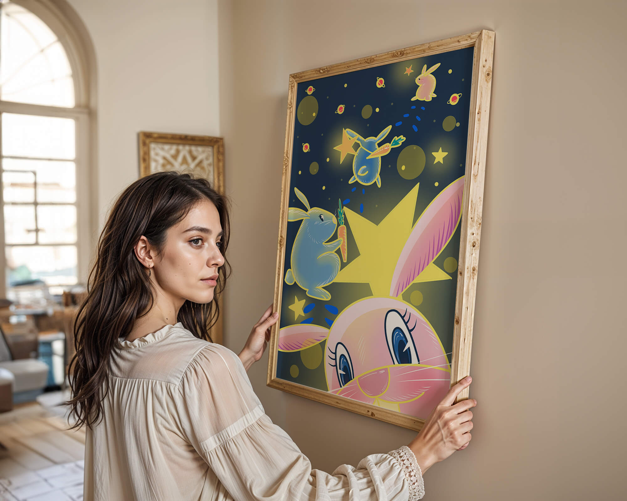 Playful bunnies with carrots and stars in a whimsical space scene