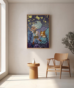 Whimsical Adventure in a Magical Night Sky Landscape