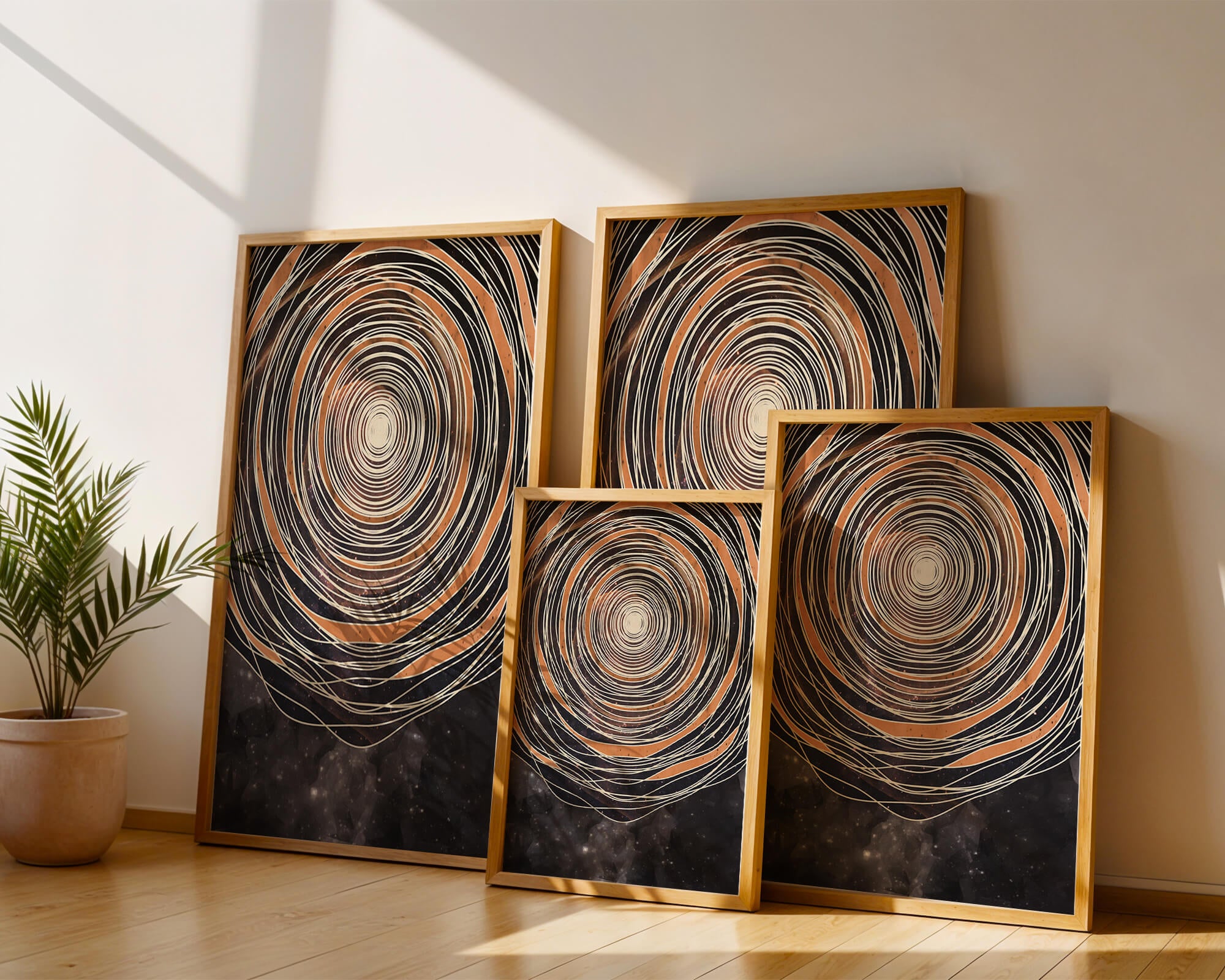 Abstract cosmic spiral with concentric oval patterns and starry background