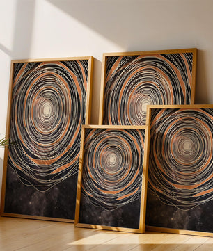 Espiral cósmica abstracta con patrones ovalados concéntricos y fondo estrellado