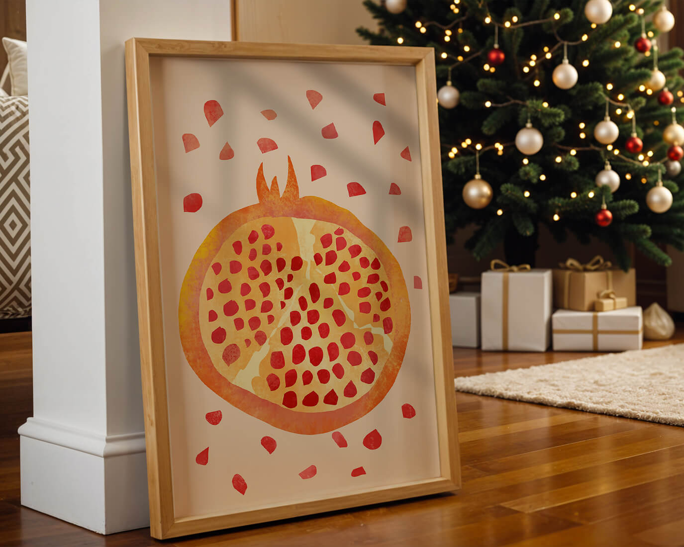 Colorful abstract pomegranate illustration with scattered seeds