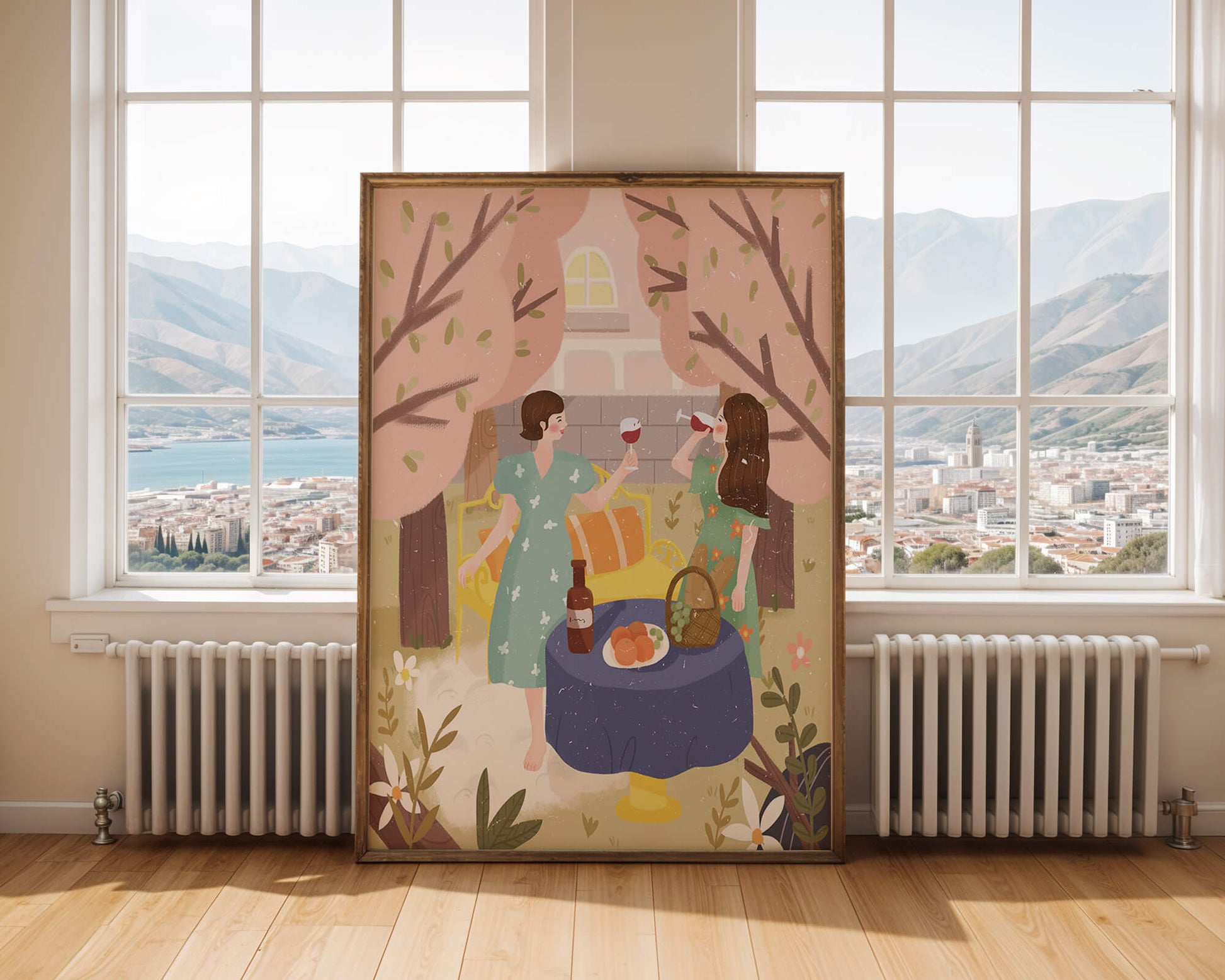 Reunión primaveral en el jardín con vino y frutas