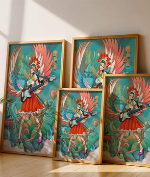 Fusión colorida de arte tradicional y moderno con un músico como protagonista