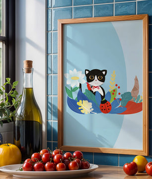 Ilustración de un gato con mariquita y flores sobre fondo azul claro
