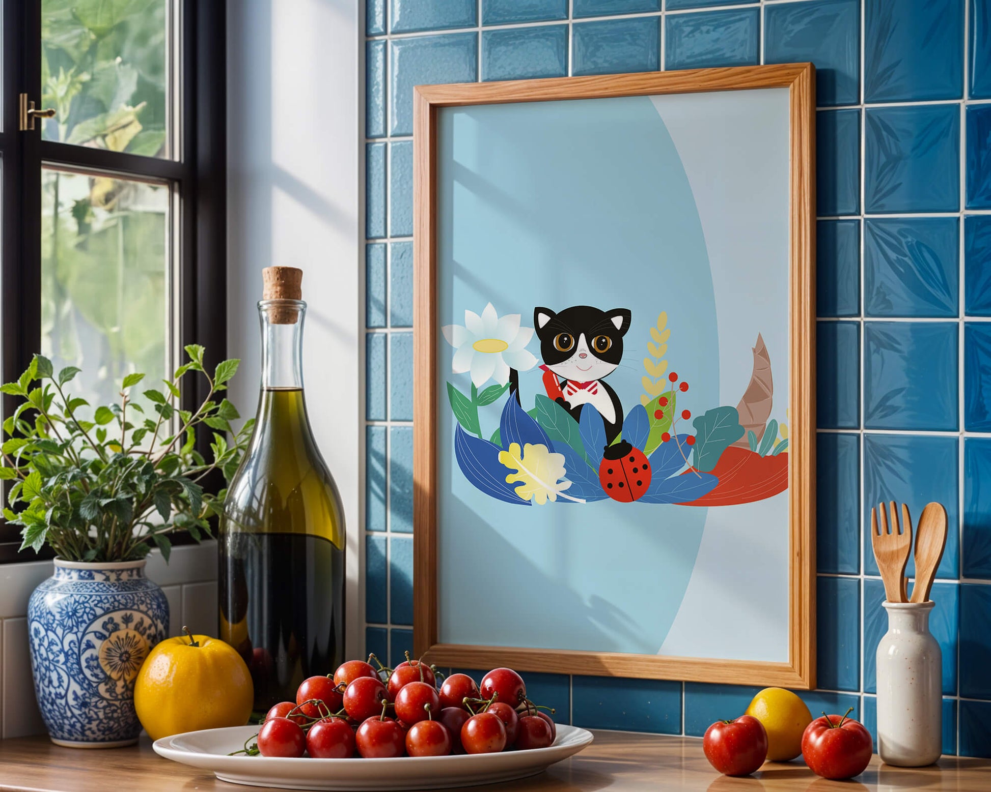 Ilustración de un gato con mariquita y flores sobre fondo azul claro