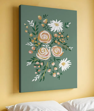 Floral illustration with roses and daisies on green background