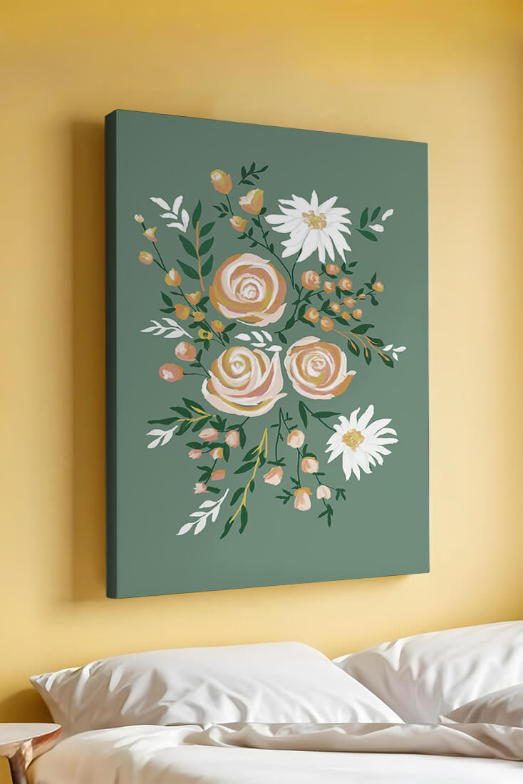 Floral illustration with roses and daisies on green background