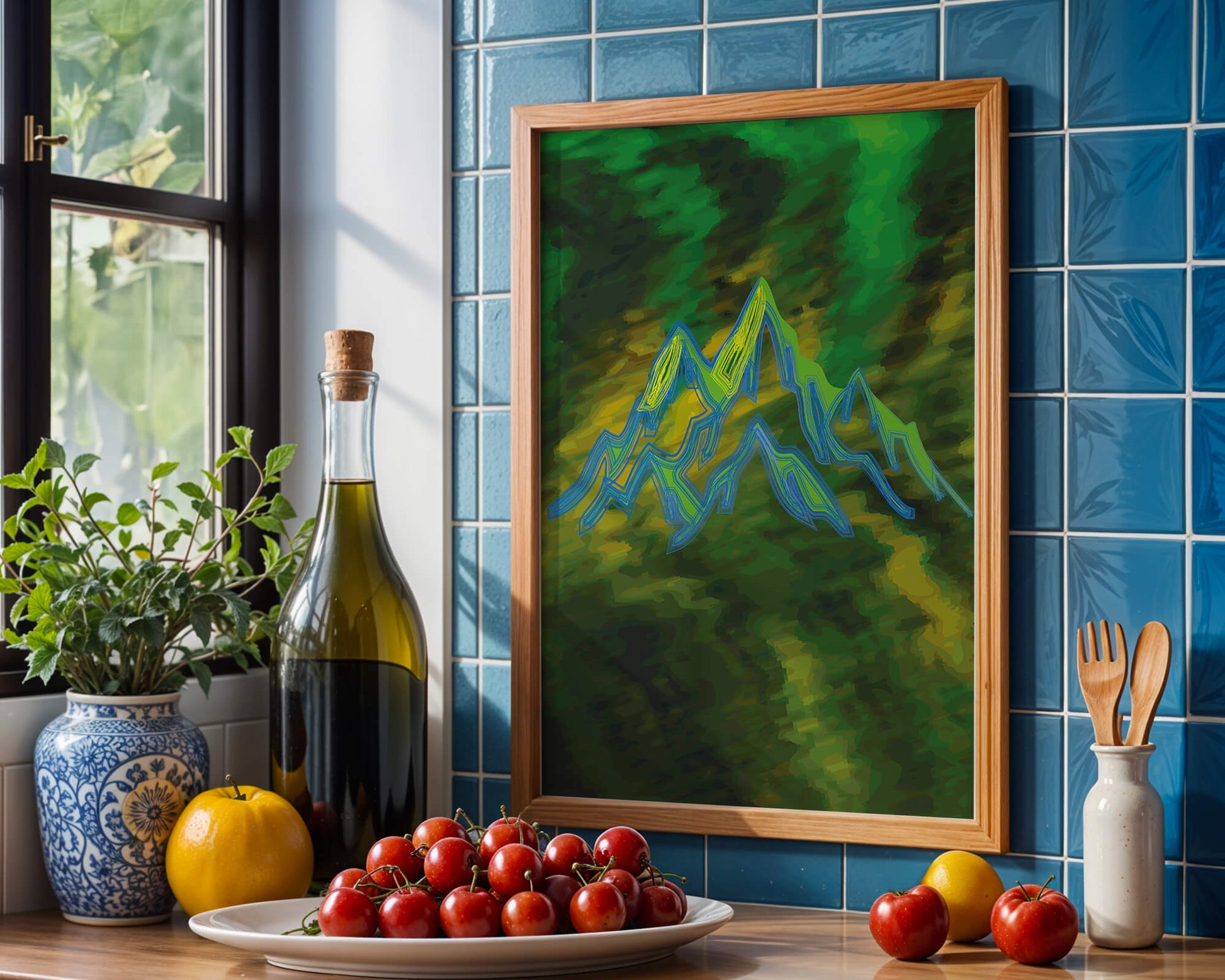Abstract mountain landscape with vibrant colors and geometric lines