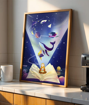 Imaginative galaxy scene with books and a child