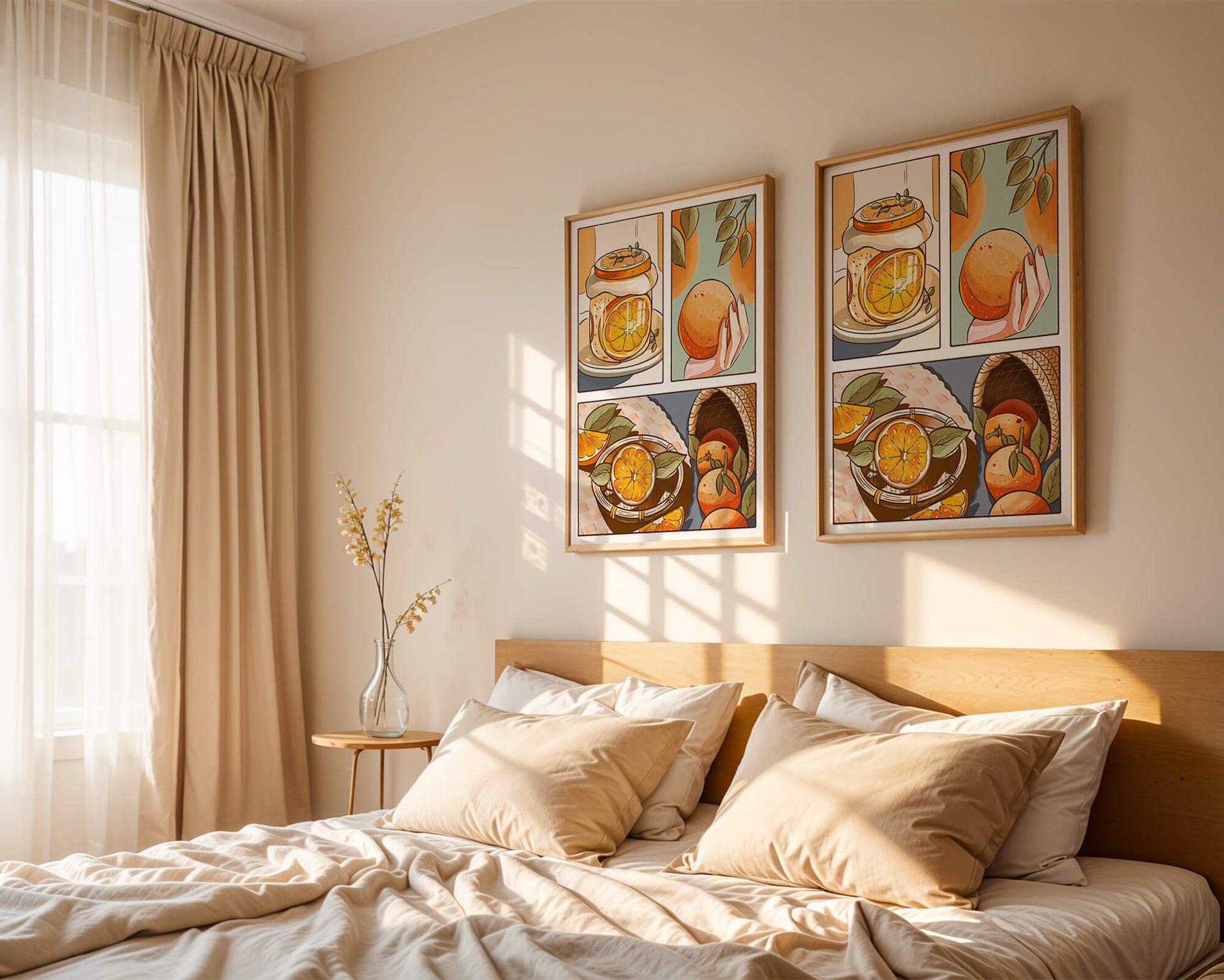 Ilustración colorida de naranjas y conservas con canasta