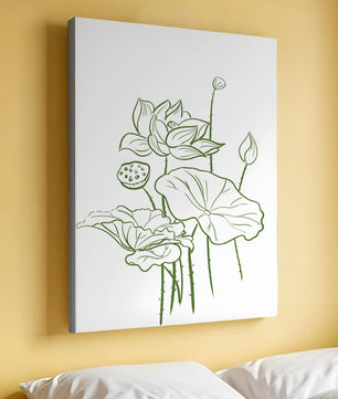 Botanische Illustration einer Lotusblume mit grüner Strichzeichnung auf weißem Hintergrund