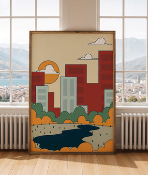 Cityscape At Sunset With Park And Lake