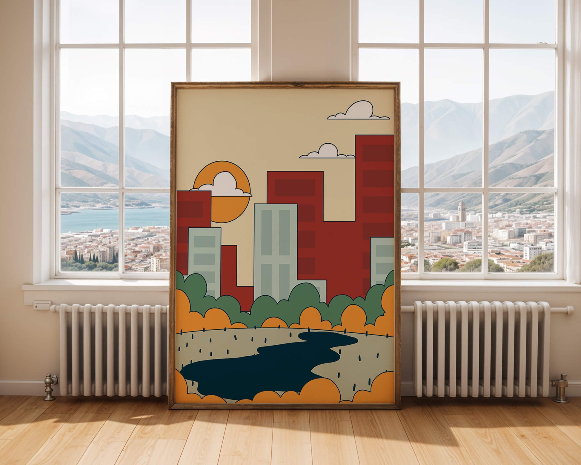 Cityscape At Sunset With Park And Lake