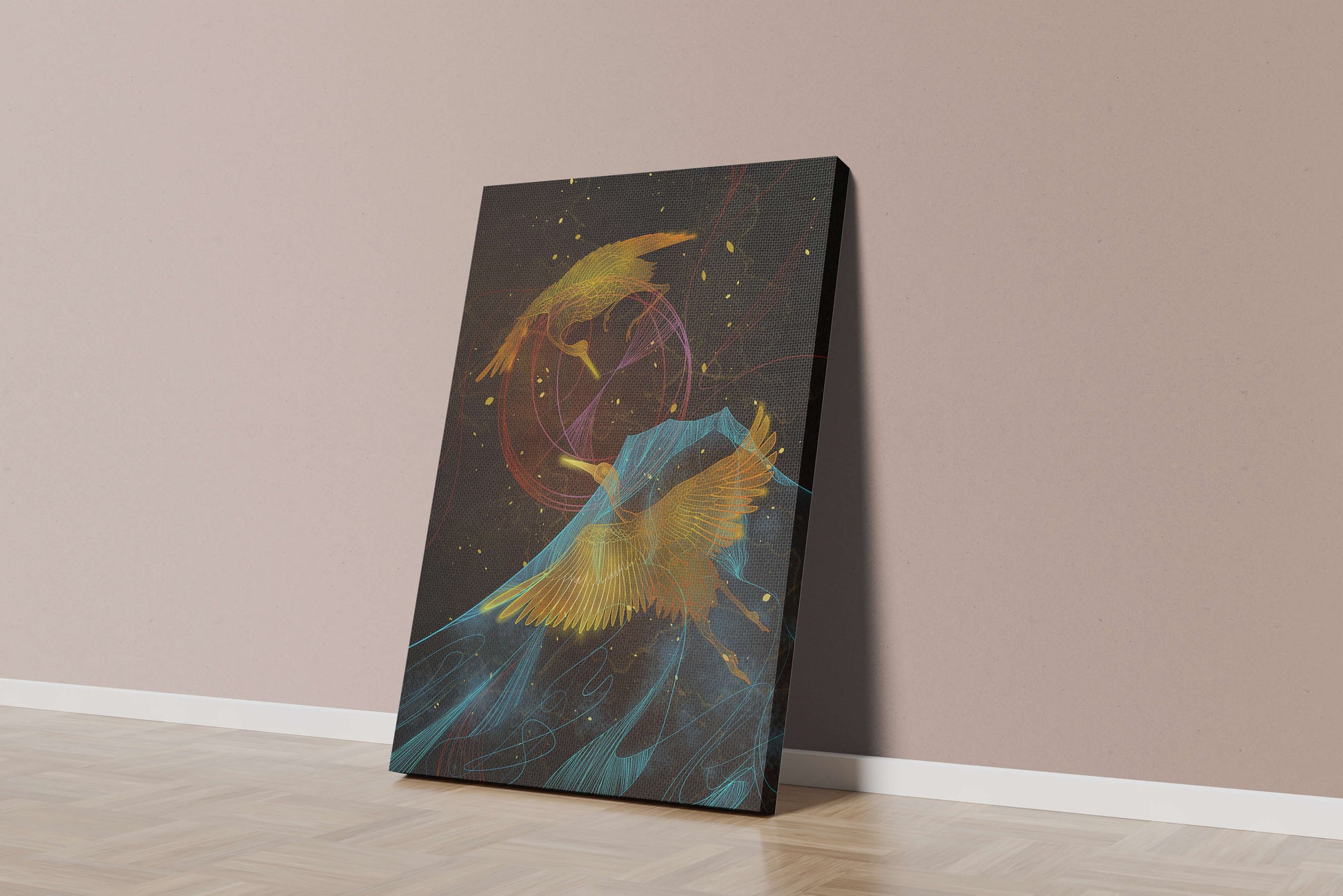 Elegant Cranes in Cosmic Dance with Golden and Blue Accents