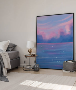 Verträumter Pastellhimmel, der sich in einer glitzernden Wasserlandschaft widerspiegelt 