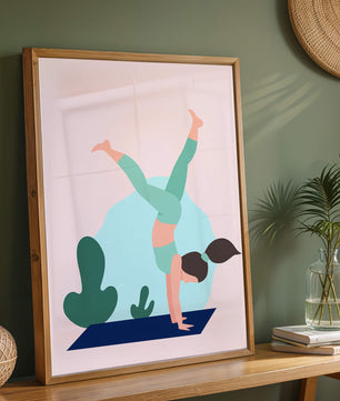 Ilustración de una mujer practicando la postura de parada de manos en yoga