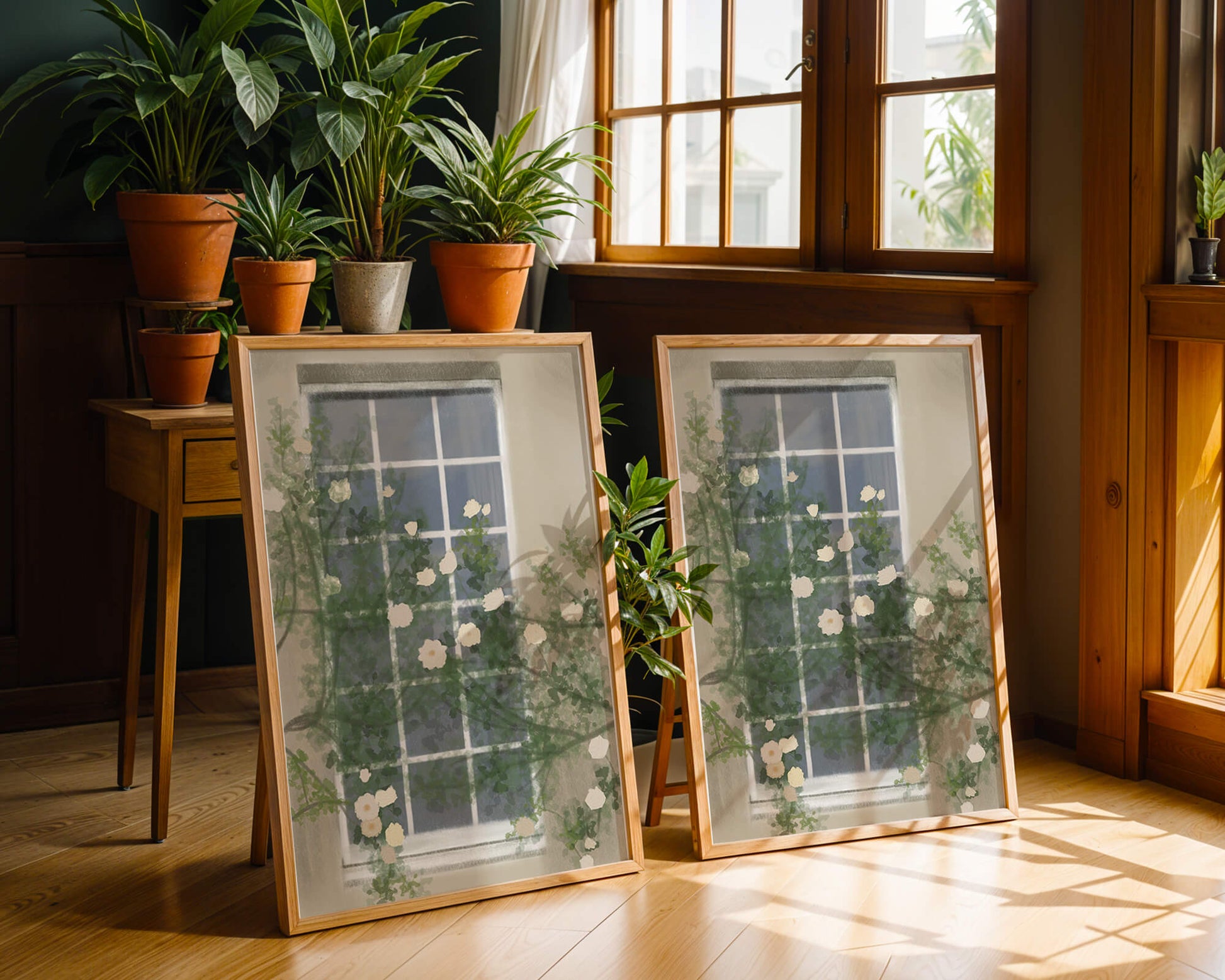 Floral Window with Climbing Roses in a Tranquil Setting
