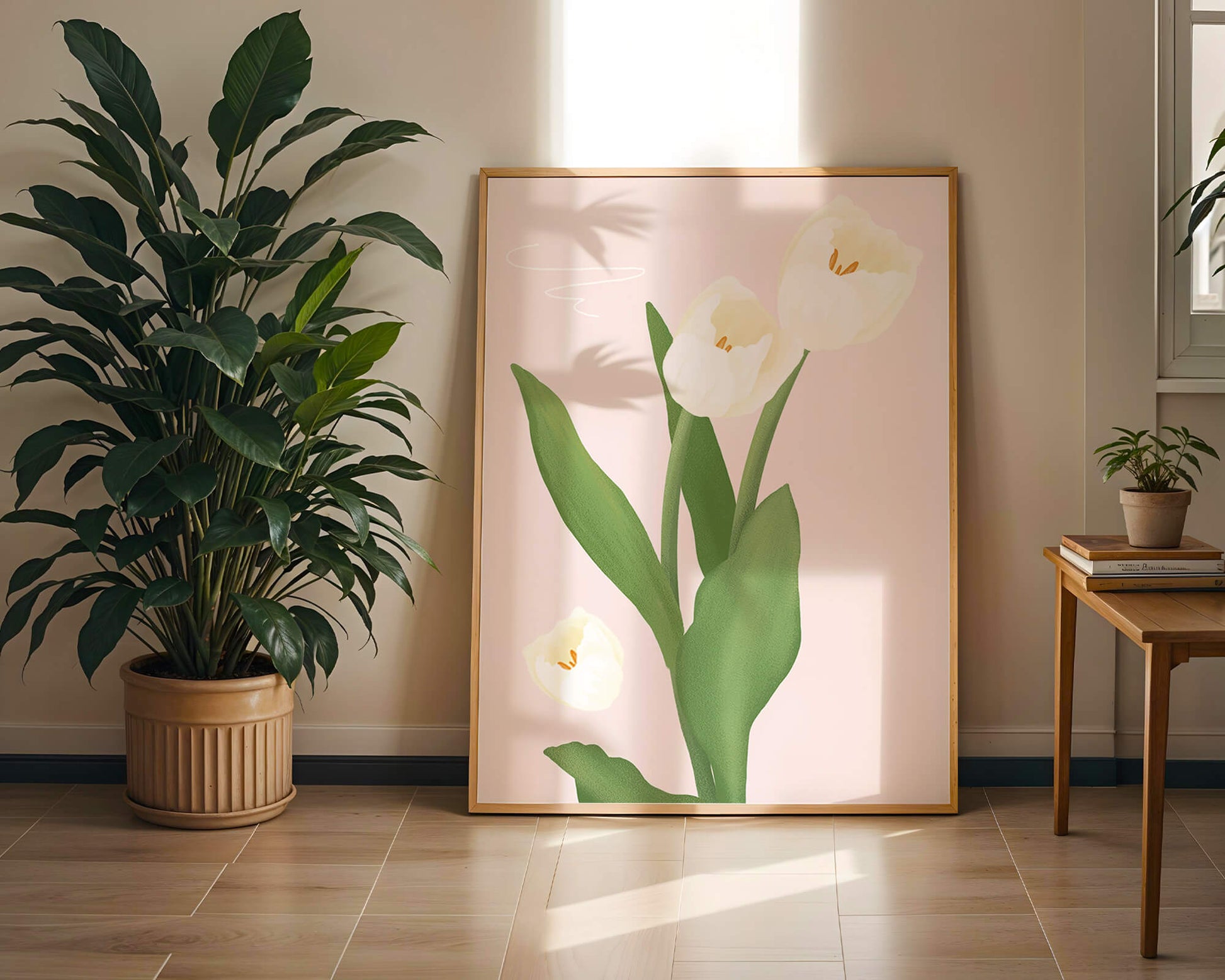 Elegant white tulips illustration on pastel background