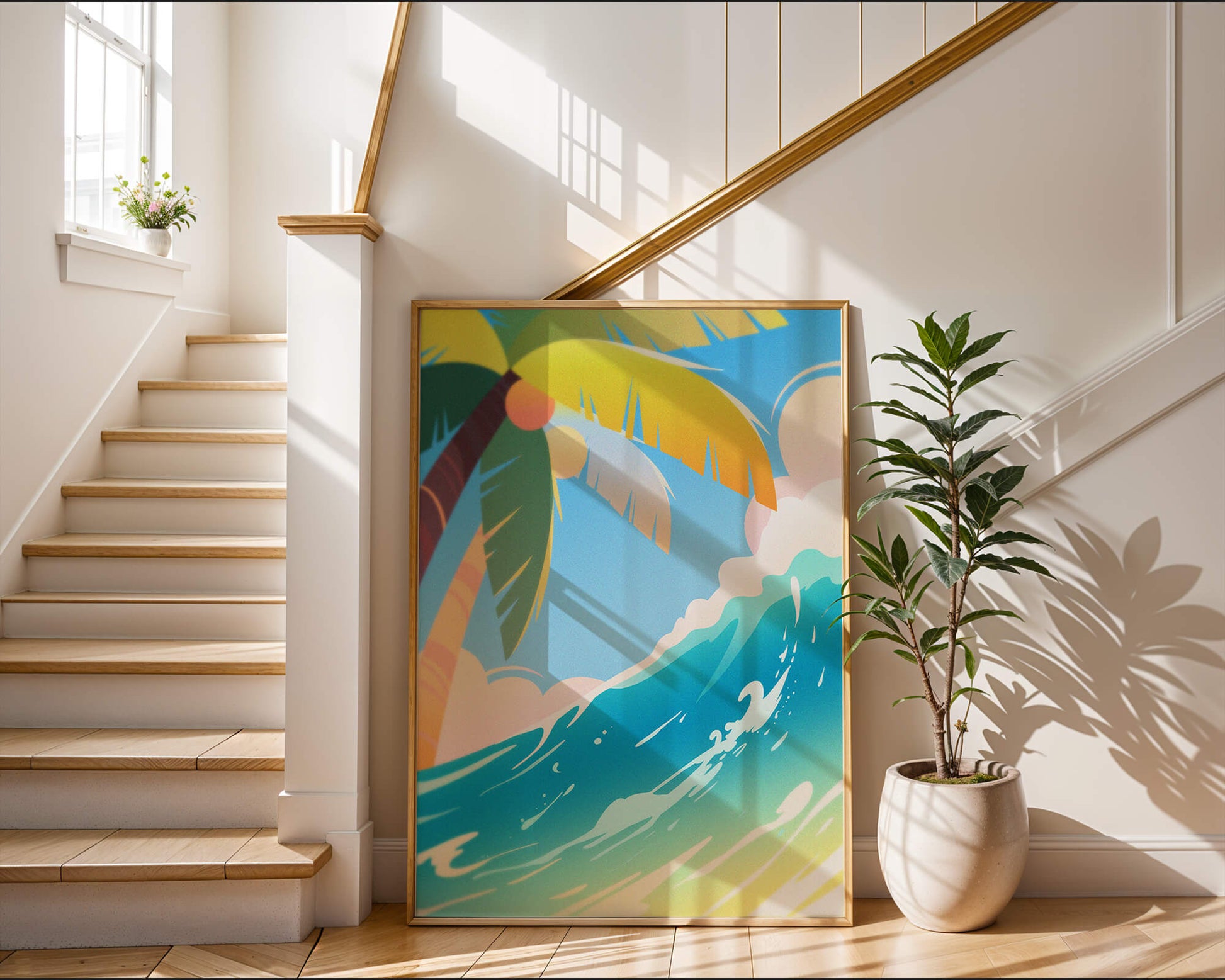 Escena vibrante de playa tropical con palmera y ola del océano