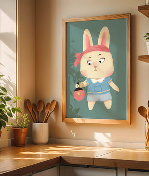 Illustration d'un lapin cartoon avec un bandeau et un sac rond