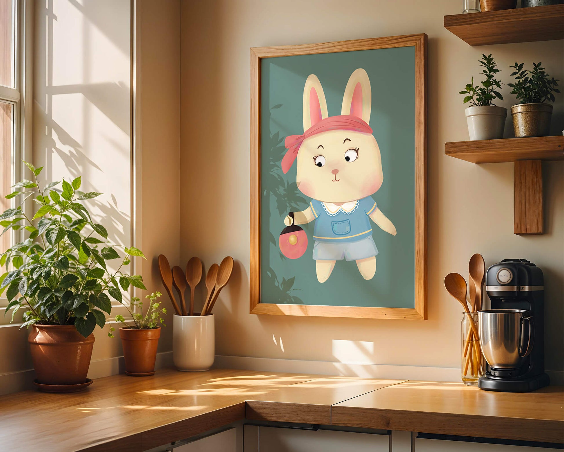 Illustration d'un lapin cartoon avec un bandeau et un sac rond