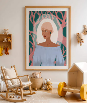 Illustration einer Frau mit einem pastellfarbenen Hintergrund aus abstrakten Bäumen