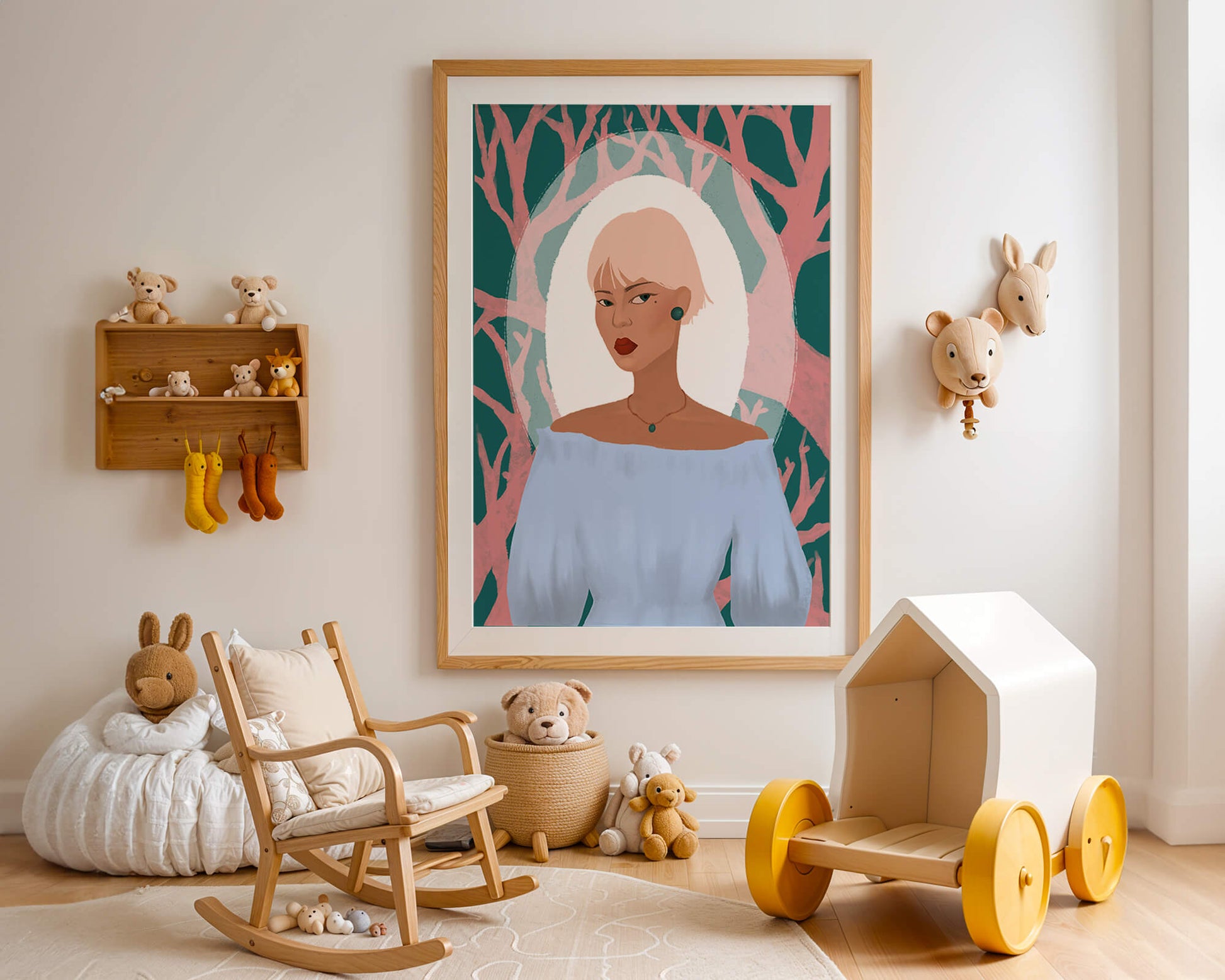 Illustration einer Frau mit einem pastellfarbenen Hintergrund aus abstrakten Bäumen