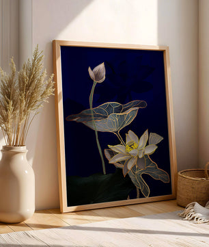 Elegant Lotus Flower with Gold Accents on Deep Blue Background