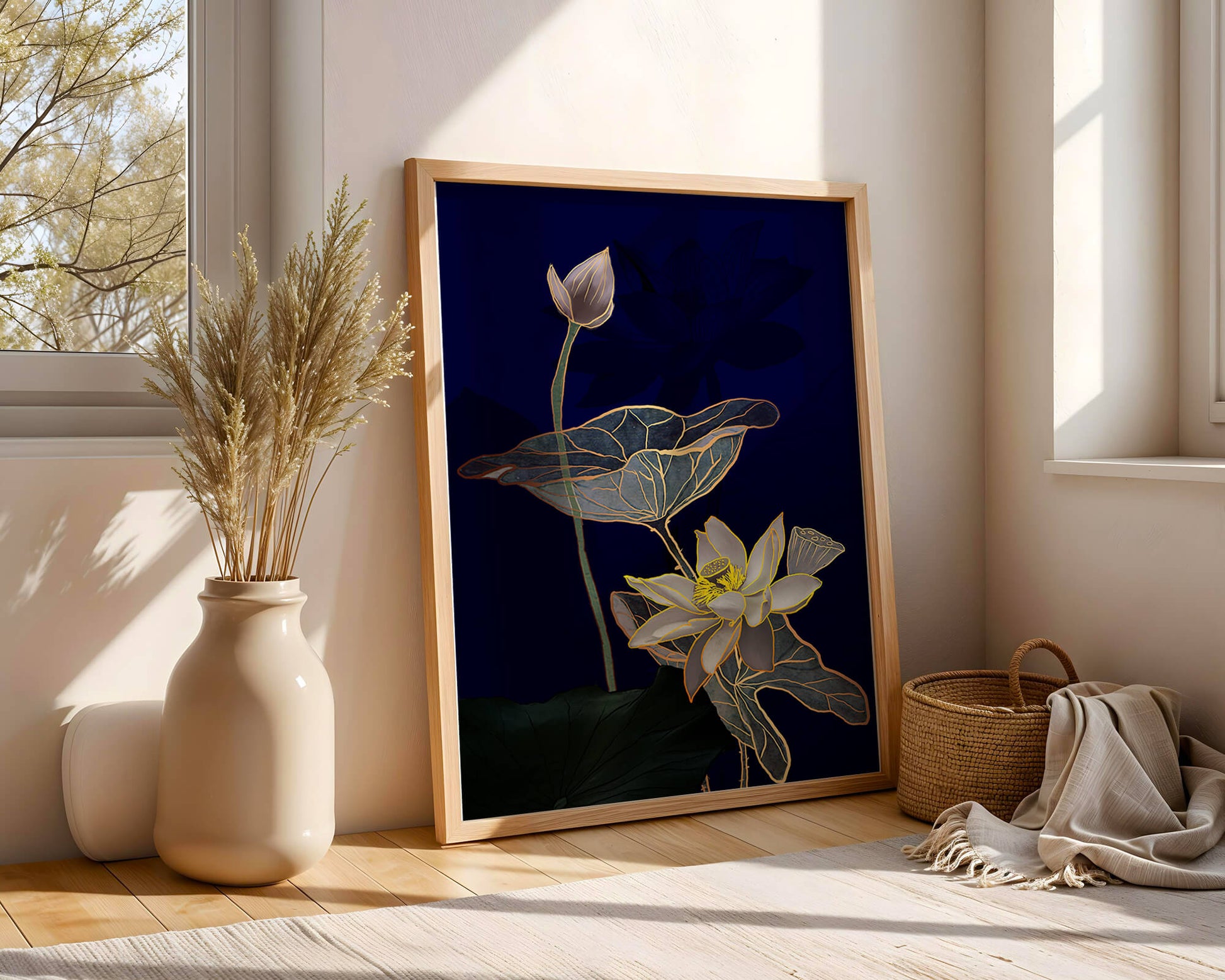 Elegant Lotus Flower with Gold Accents on Deep Blue Background