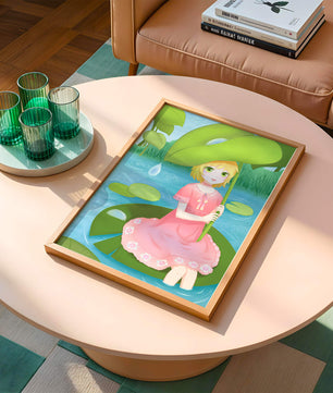 Whimsical Illustration of a Young Girl in a Pink Dress Sitting on a Lily Pad
