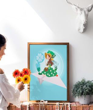 Mujer en un avión de papel con fondo de tema tropical