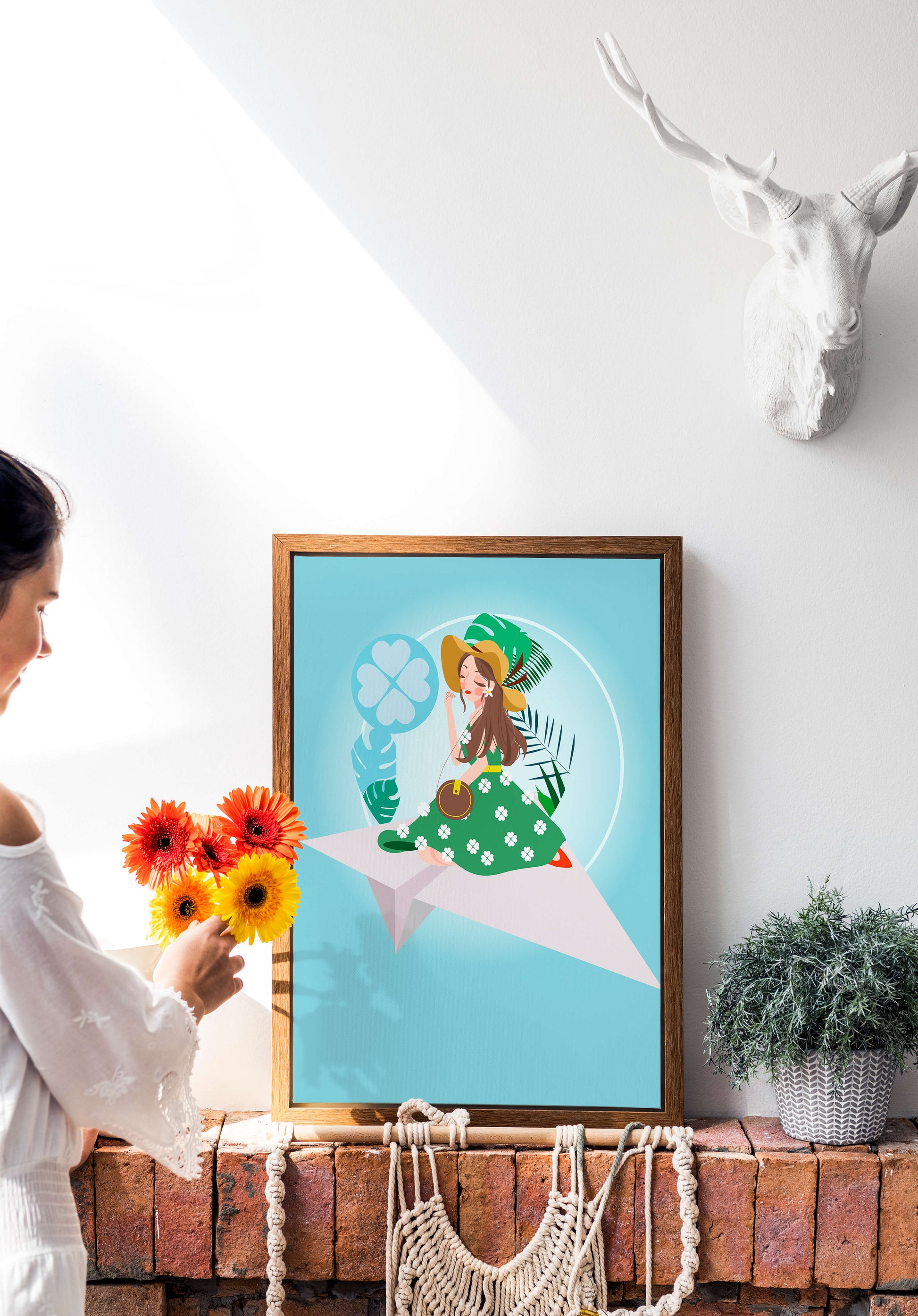 Woman on paper plane with tropical theme background