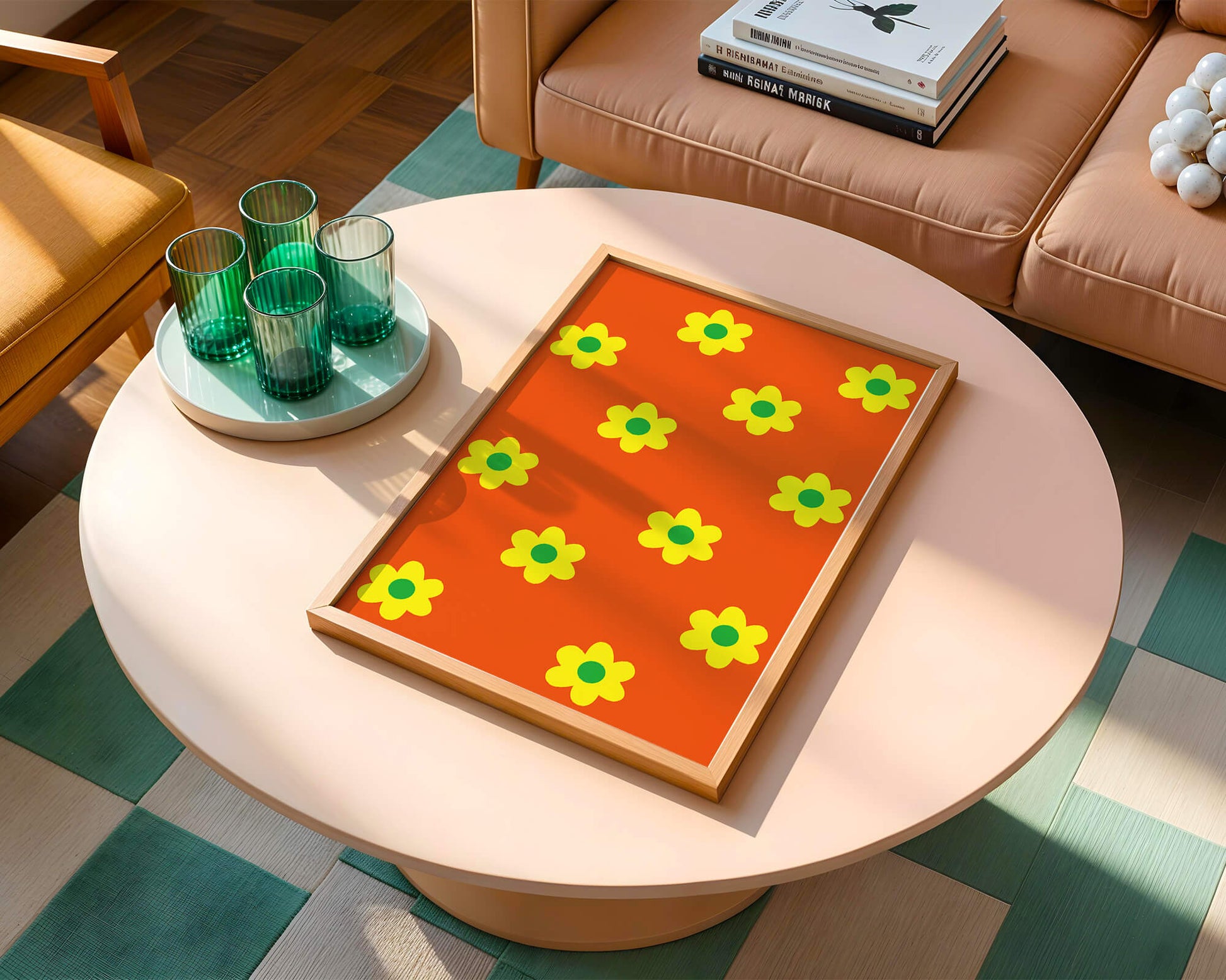 Colorful floral pattern with yellow flowers on orange background