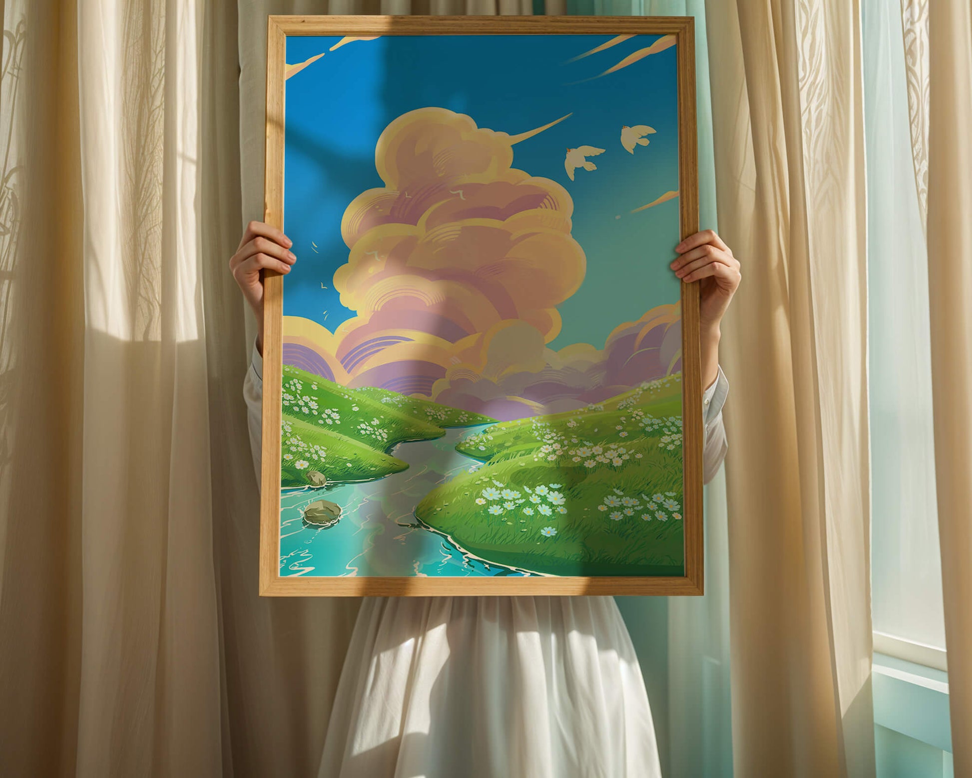 Serene landscape with rolling hills, stream, and vibrant sky