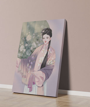 Elegant Asian Woman in Traditional Attire with Floral Background - Mi tienda