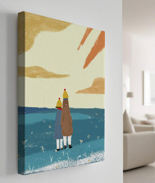 Two figures in winter clothing on a serene beach