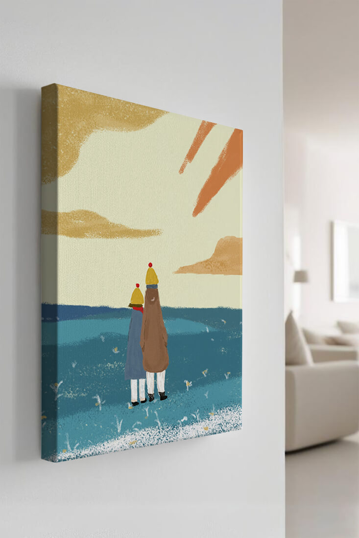 Two figures in winter clothing on a serene beach