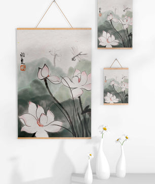 Delicate watercolor of lotus flowers with dragonfly in serene atmosphere