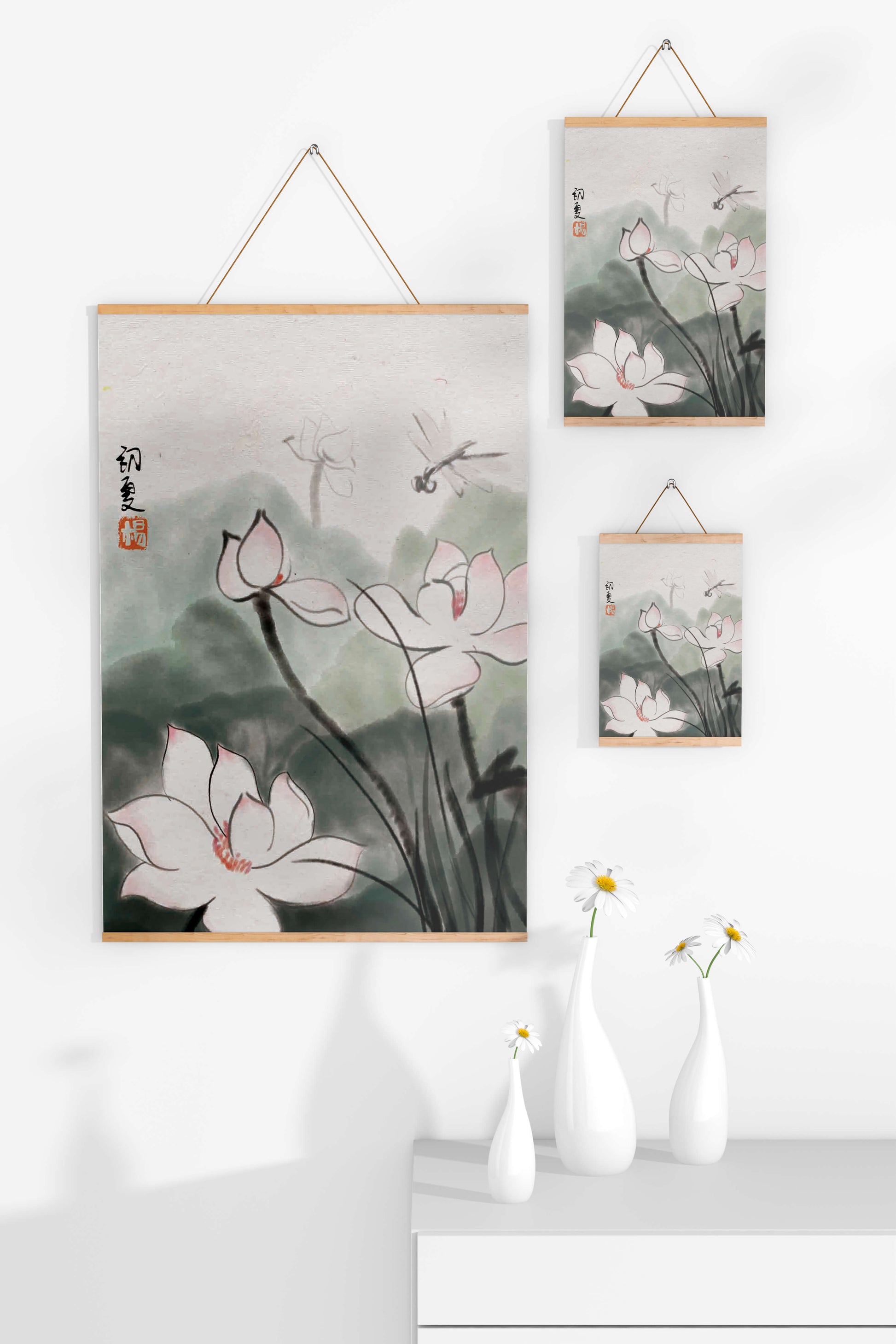 Delicate watercolor of lotus flowers with dragonfly in serene atmosphere