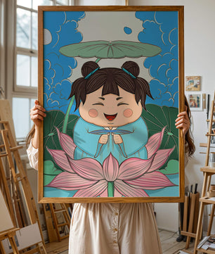 Whimsical illustration of a joyful child with lotus and umbrella