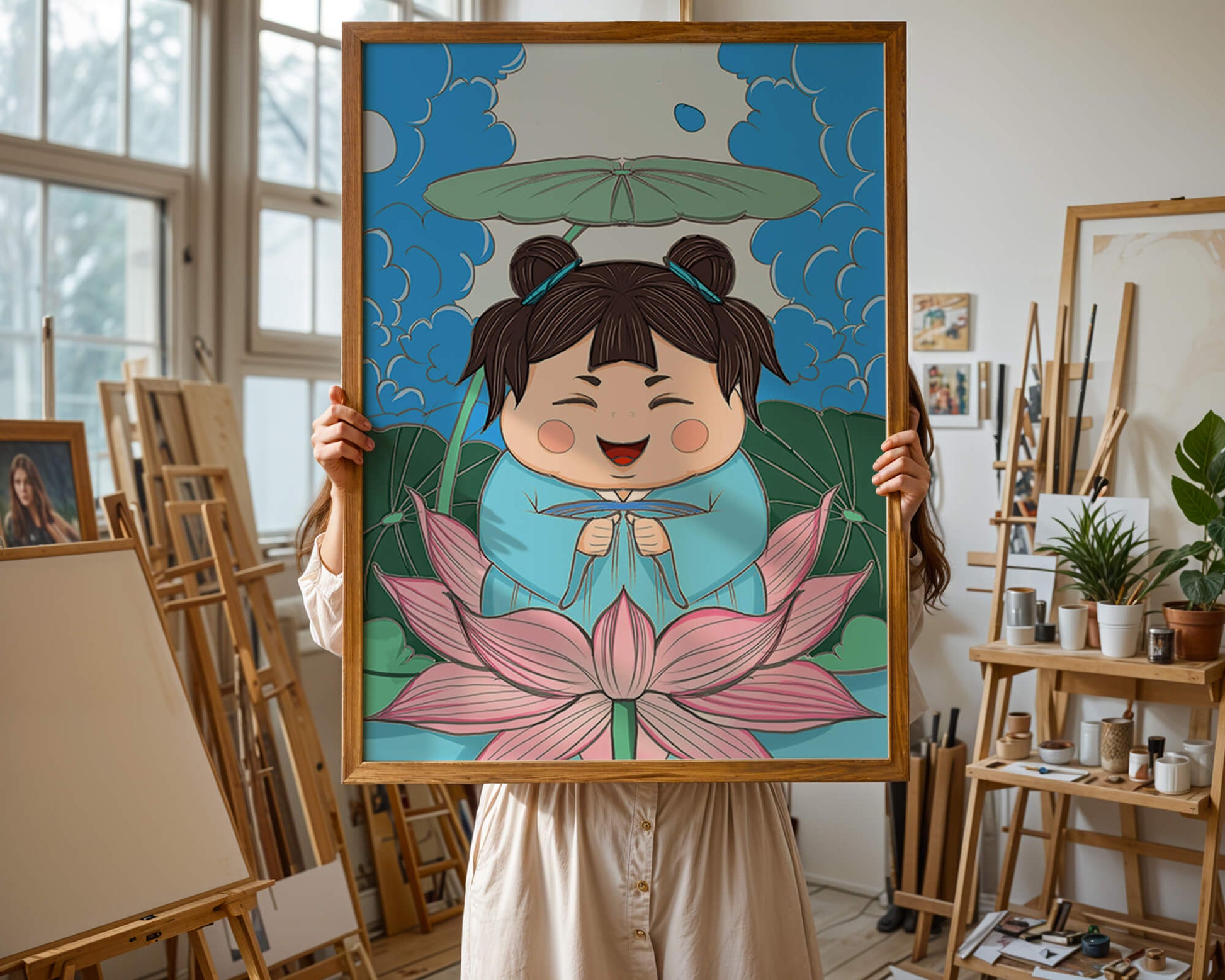 Whimsical illustration of a joyful child with lotus and umbrella