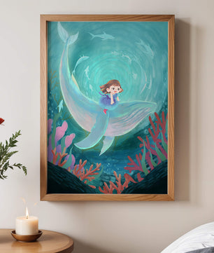 Underwater scene with child and whale surrounded by marine life