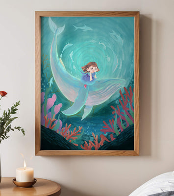 Underwater scene with child and whale surrounded by marine life