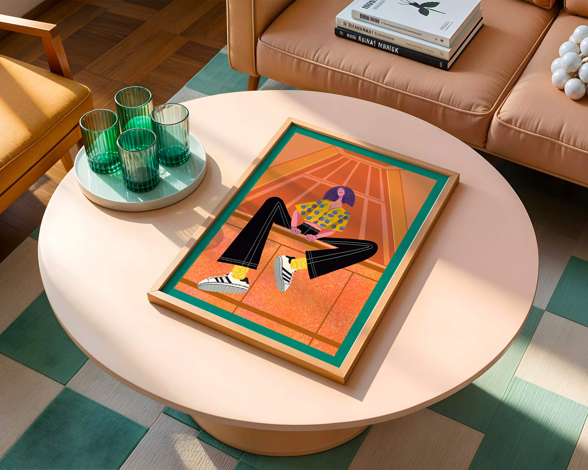 Stylish woman sitting in a vibrant geometric setting
