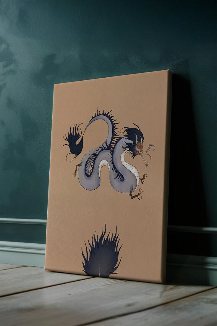 Illustration of a mystical dragon with fluid form on a beige background