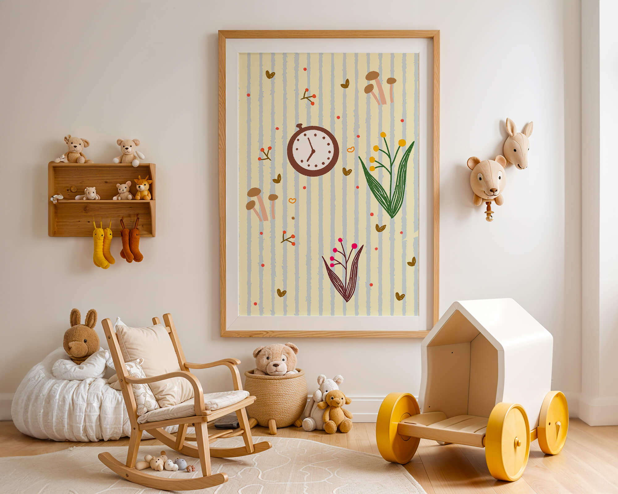 Whimsical pattern with clock, mushrooms, and florals on striped background