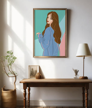 Stylish woman illustration with long hair in pastel shades