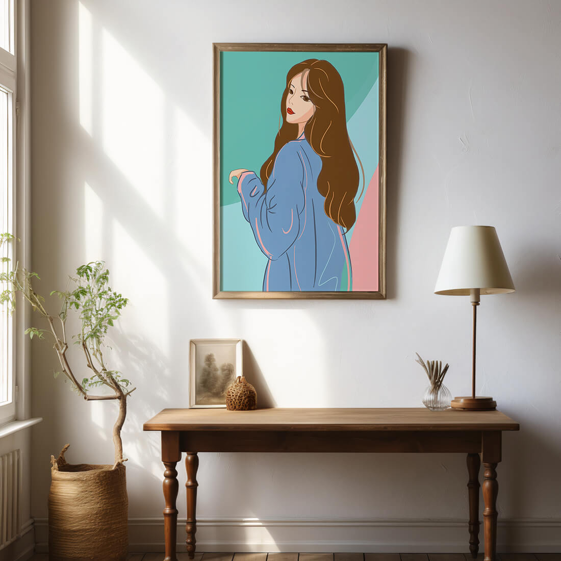 Stylish woman illustration with long hair in pastel shades